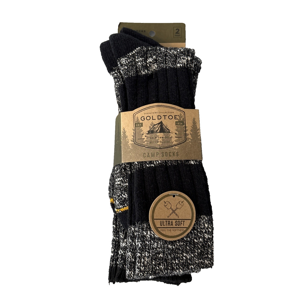 Goldtoe Signature Collection Mens Black Crew Camp Socks Soft,2 pair, Sz L 6-12.5